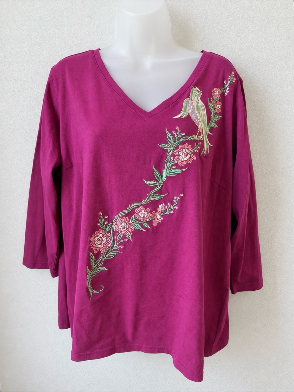 Bob Mackie Wearable Art XL Magenta Embroidered Bird Floral Top